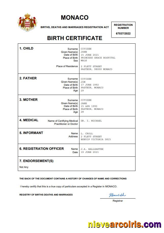 Monaco vital record birth certificate
